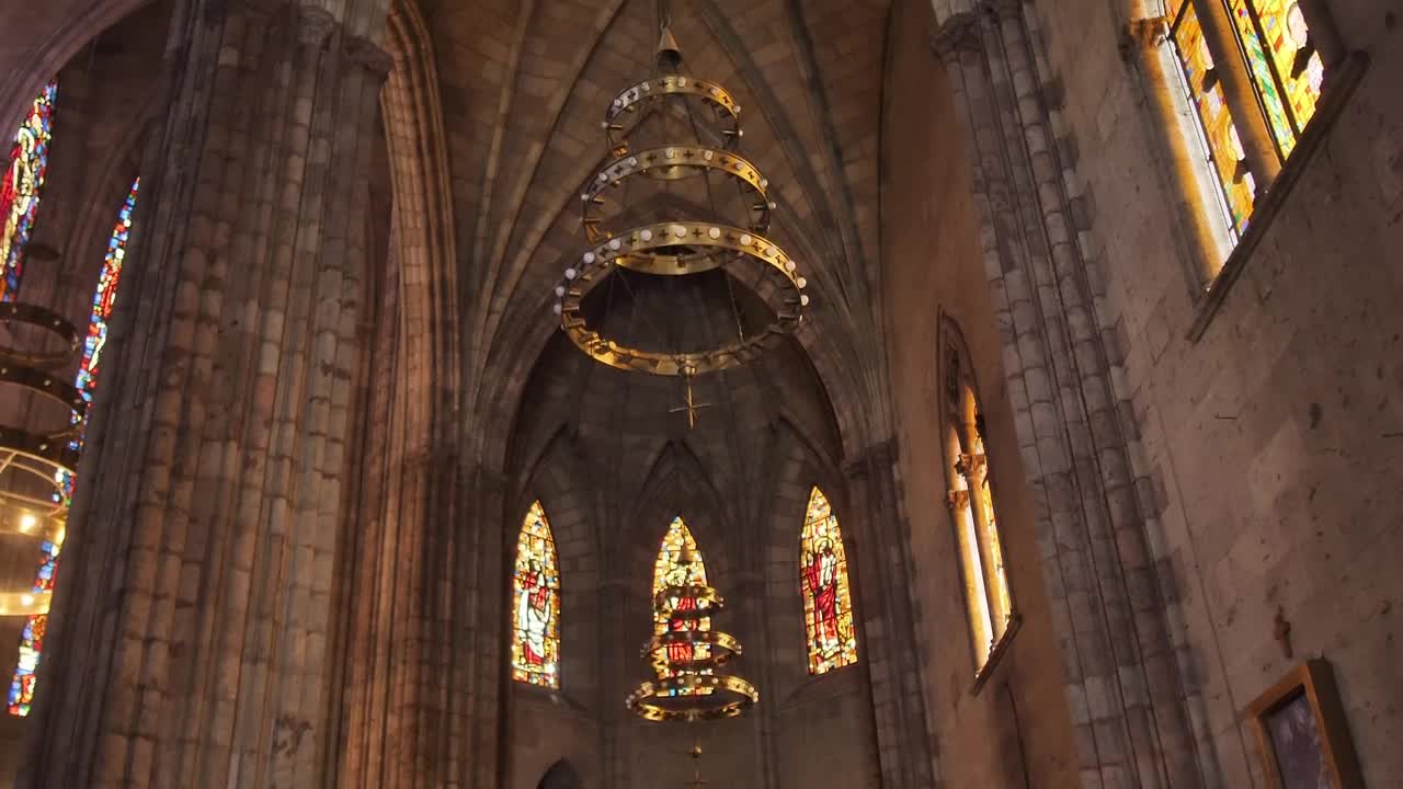 Stock Video Gothic Church Inside With Colorful Stained Glass Windows And A Live Wallpaper For PC