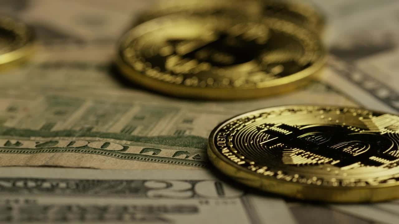 Stock Video Golden Bitcoin Coins Rotating Over Dollars Live Wallpaper For PC