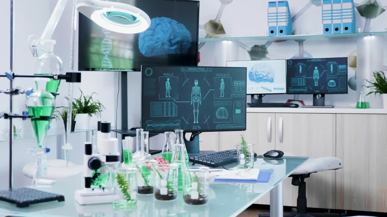 Stock Video Futuristic Diagrams Of Dna Scans In Modern Lab Live Wallpaper For PC