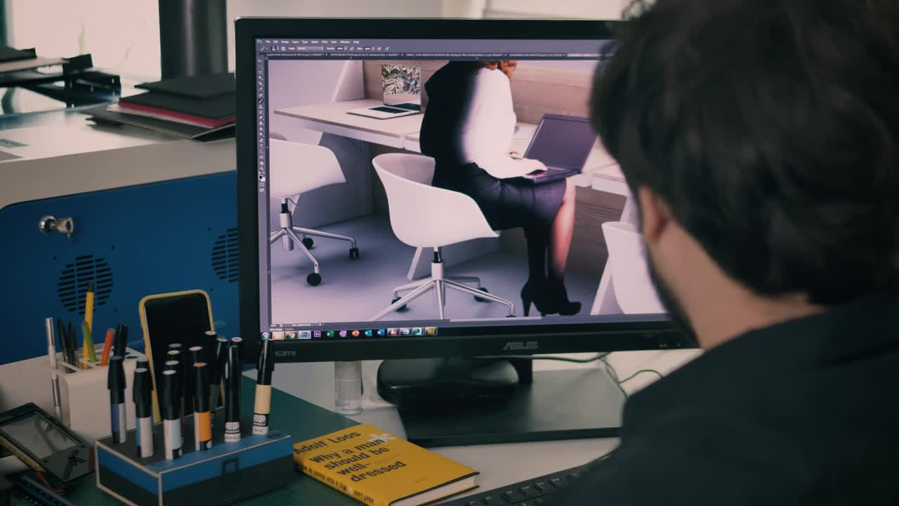 Stock Video Furniture Designer Making A Photomontage In Photoshop Live Wallpaper For PC