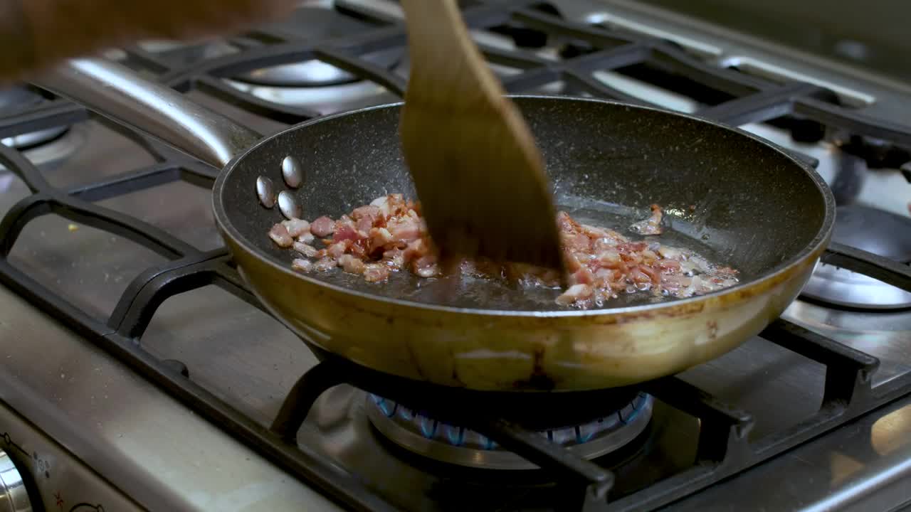 Stock Video Frying Diced Bacon In A Skillet Live Wallpaper For PC