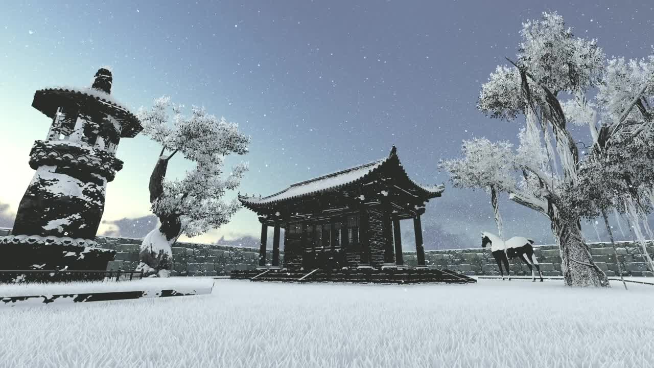 Stock Video Japanese Pavilion In A Snowy Garden With A Horse Animated Wallpaper