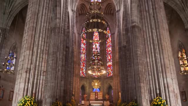 Stock Video Interior Of A Huge Gothic Church With Large Columns Smal Animated Wallpaper