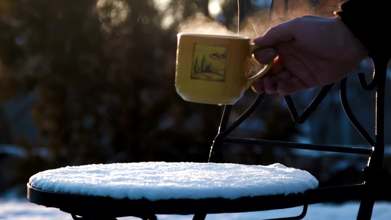 Stock Video Hot Tea On Our Snow Covered Chair Animated Wallpaper