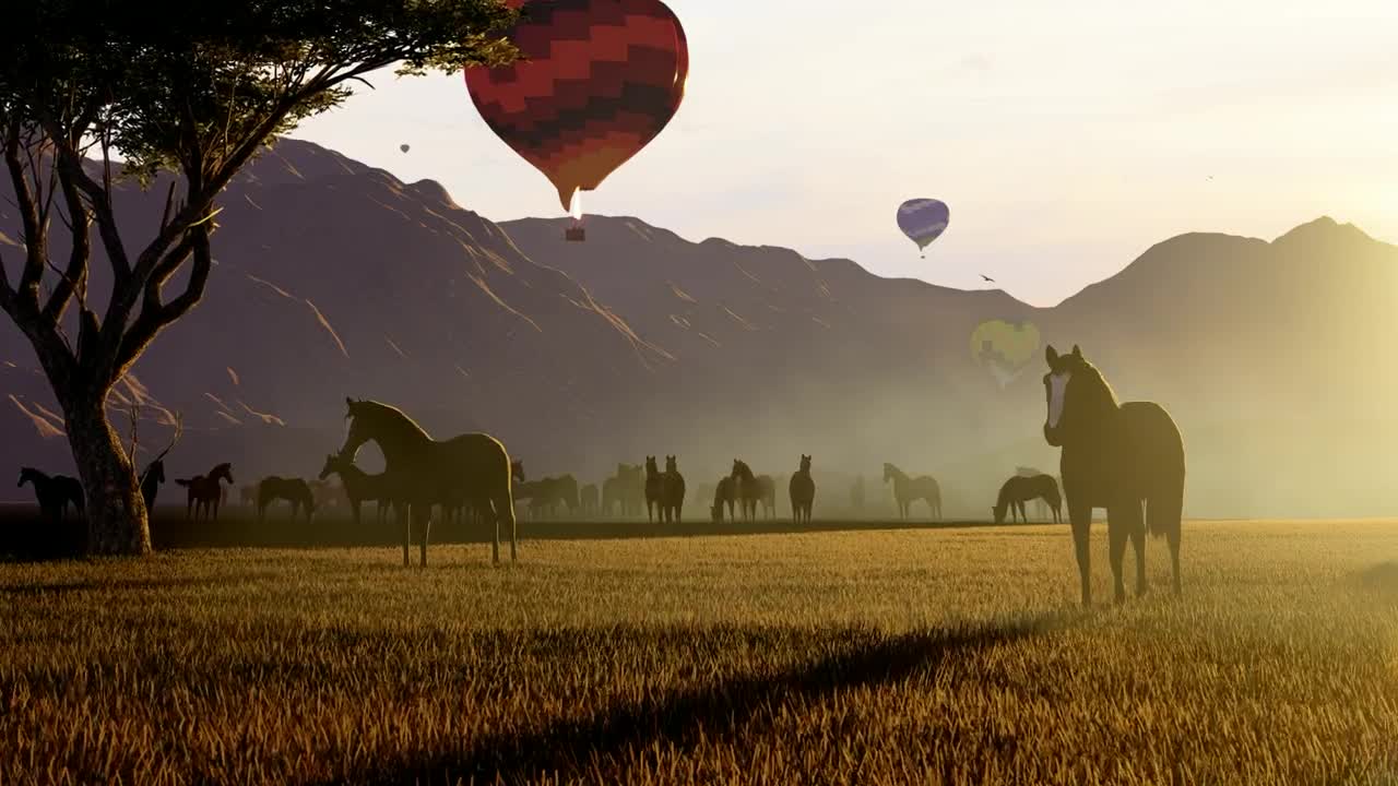 Stock Video Hot Air Balloons Over Wild Horses In Nature Animated Wallpaper