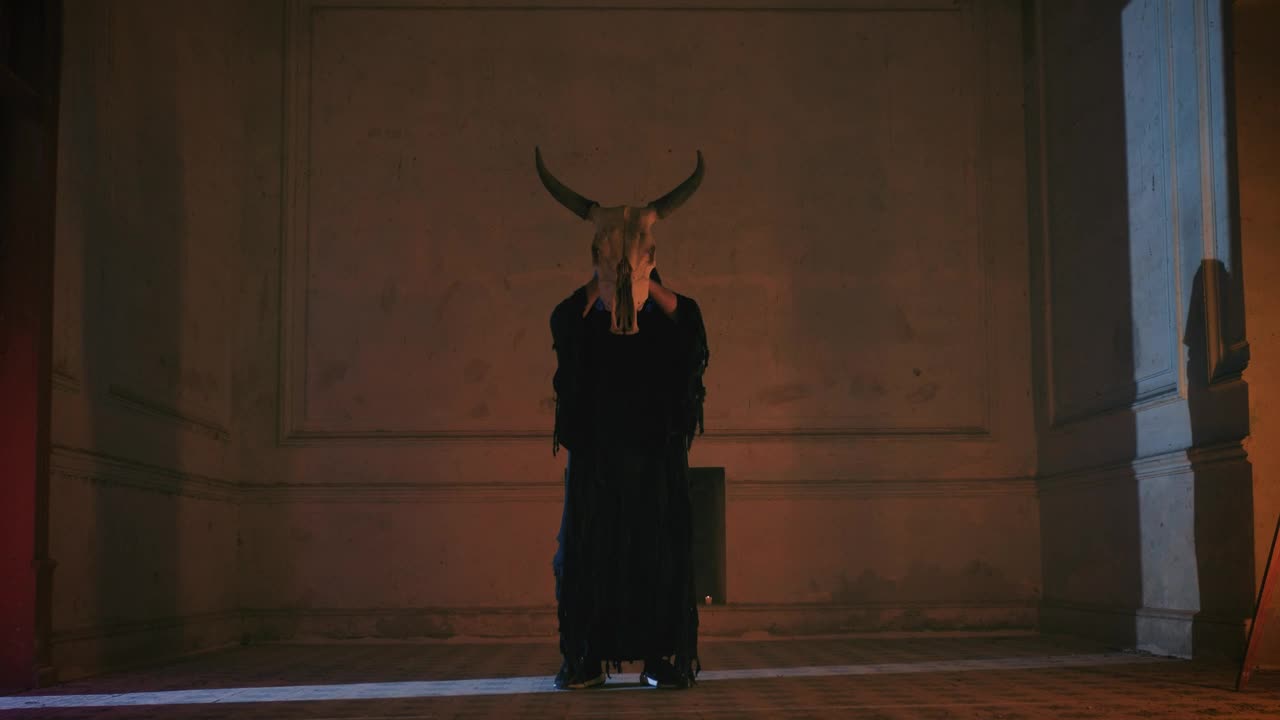 Stock Video Hooded Person In Old Room With Bull Skull Animated Wallpaper