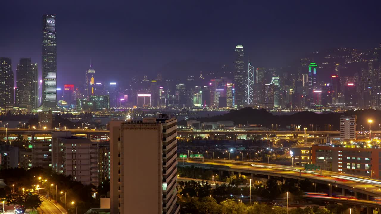 Stock Video Hong Kong City Skyline And Overpass At Night Animated Wallpaper
