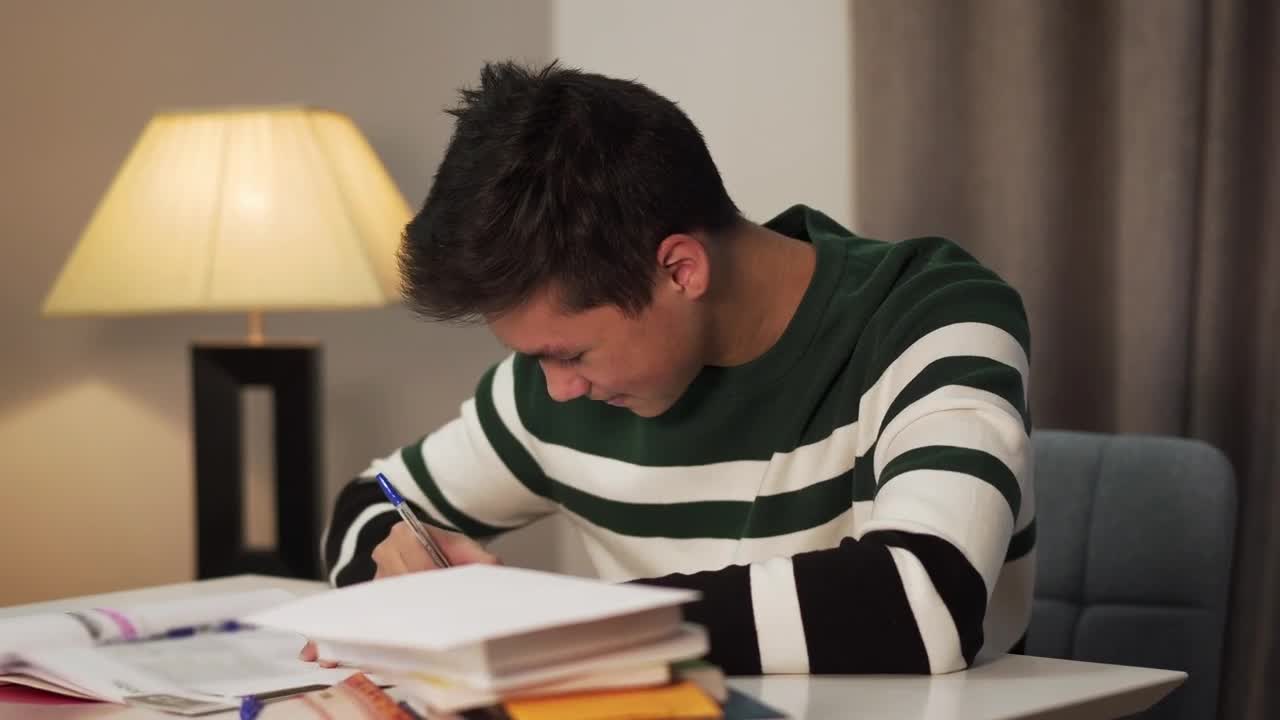 Stock Video Happy Young Man Writing With Pen And Paper Animated Wallpaper