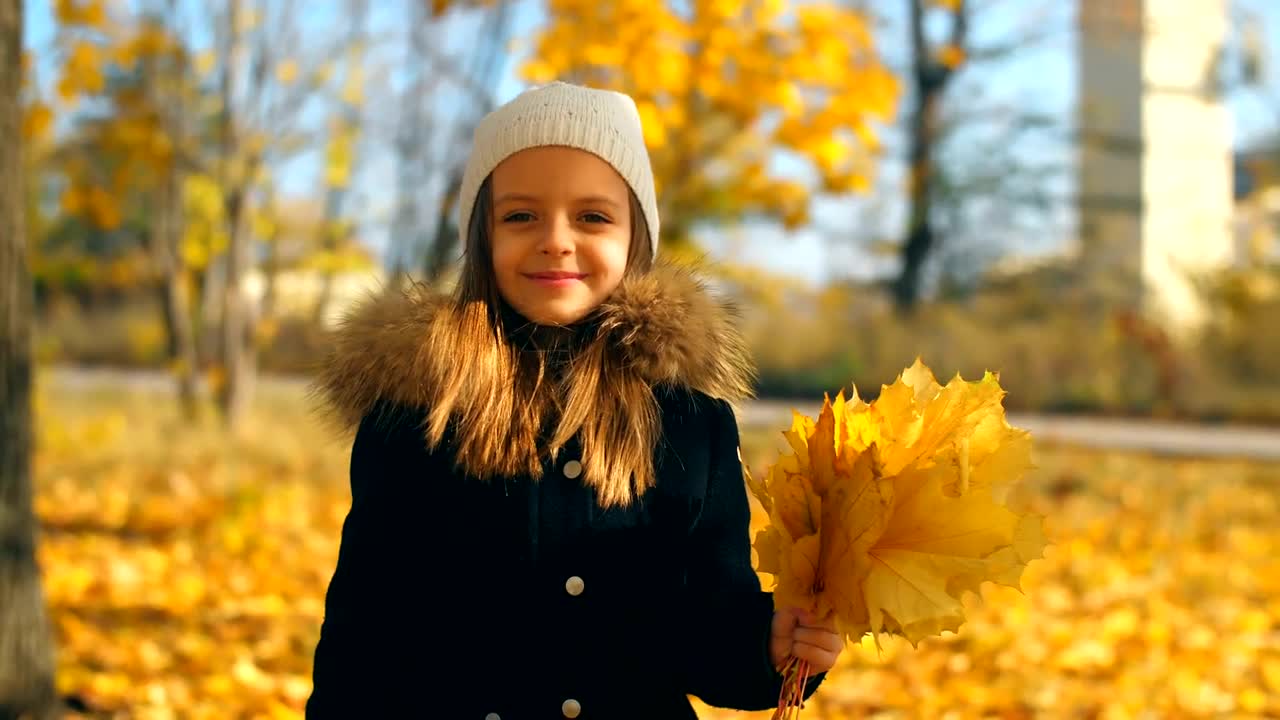 Stock Video Happy Girl With Autumn Leaves In A Park Animated Wallpaper