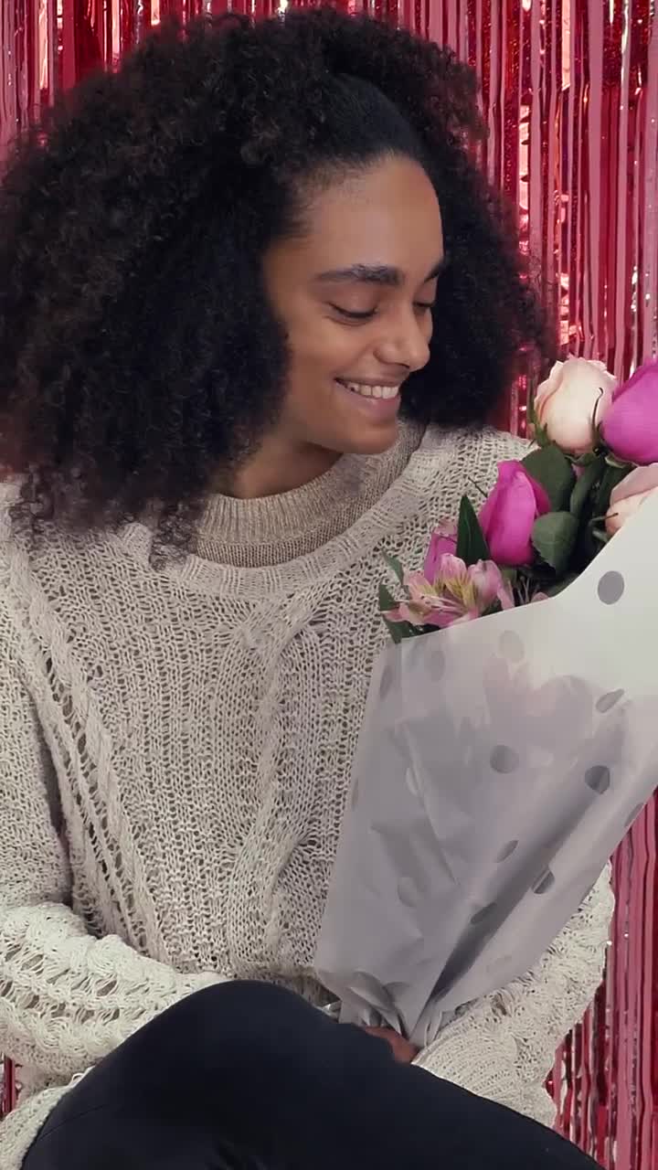 Stock Video Happy Girl Smelling A Bouquet Of Flowers On Valentines Day Animated Wallpaper