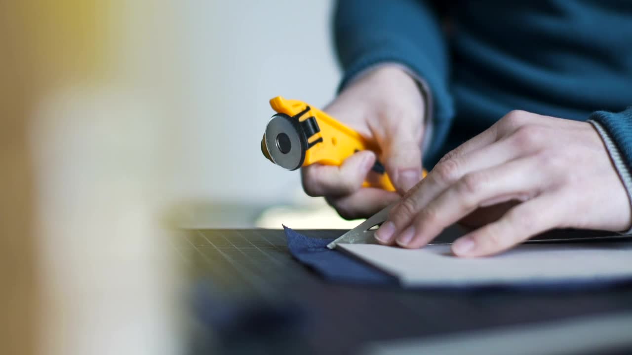 Stock Video Hands Using Tool To Cut Fabric Animated Wallpaper