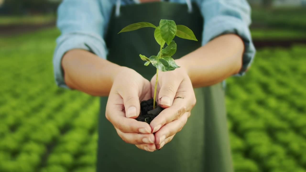 Stock Video Hands Hold Watered Plant With Eco Farm In Background Animated Wallpaper