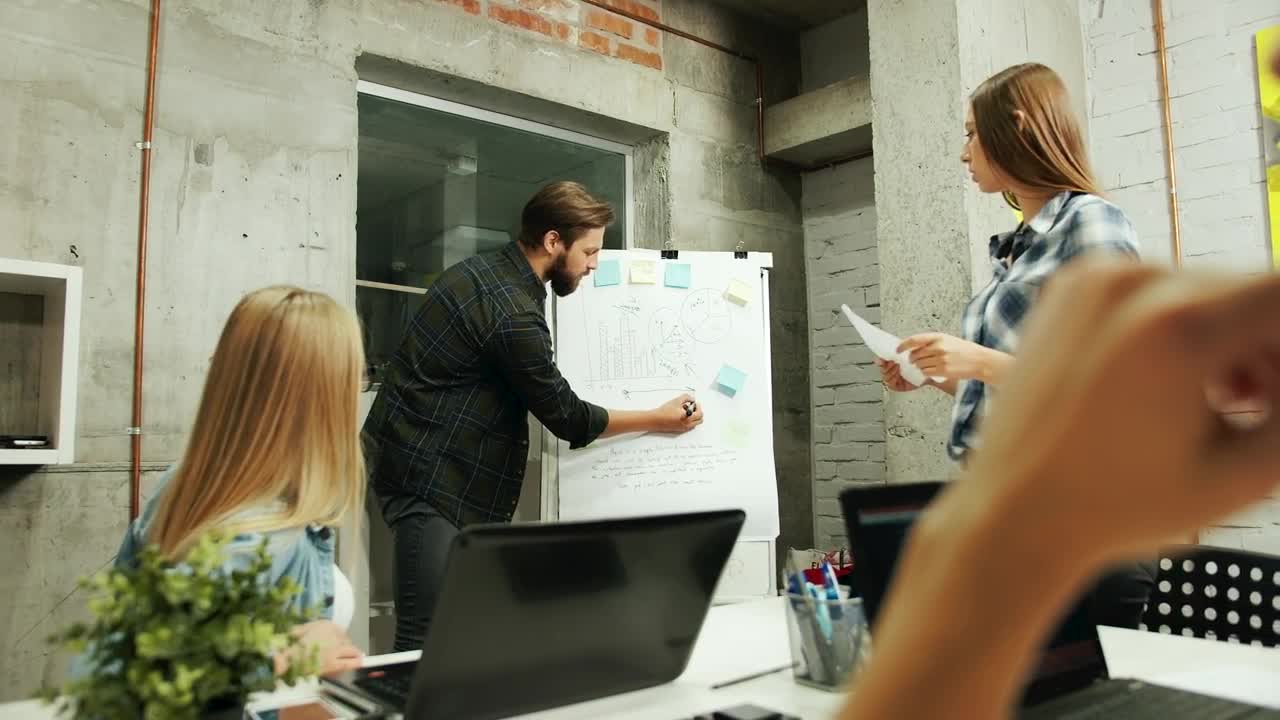 Stock Video Man Explains Growth To Team With Whiteboard Animated Wallpaper