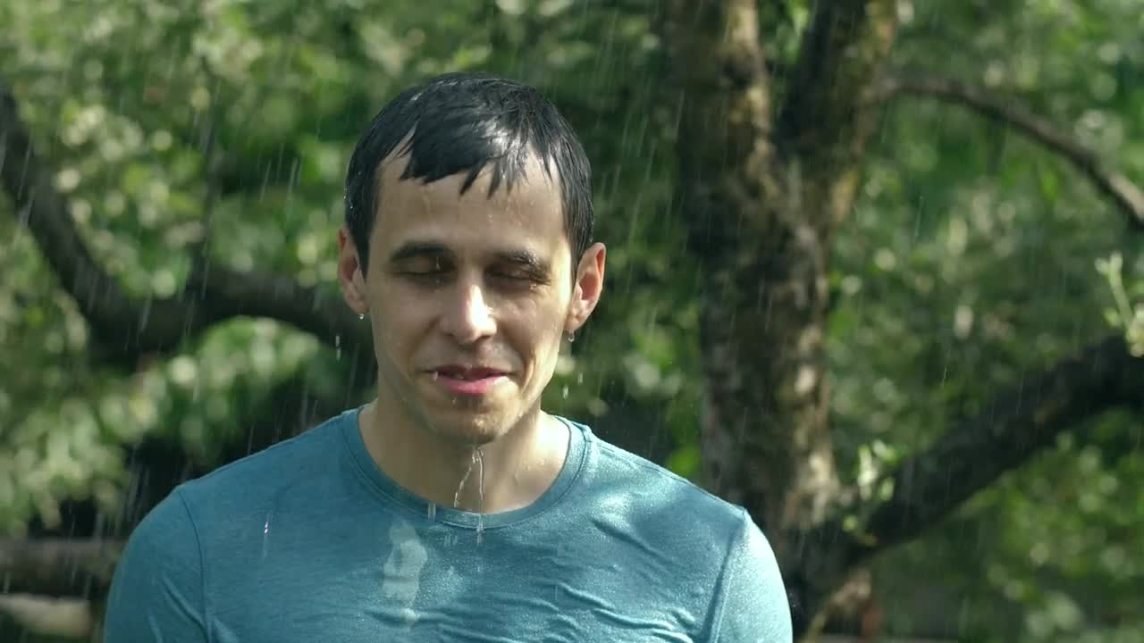 Stock Video Man Enjoying The Rain In Nature Animated Wallpaper