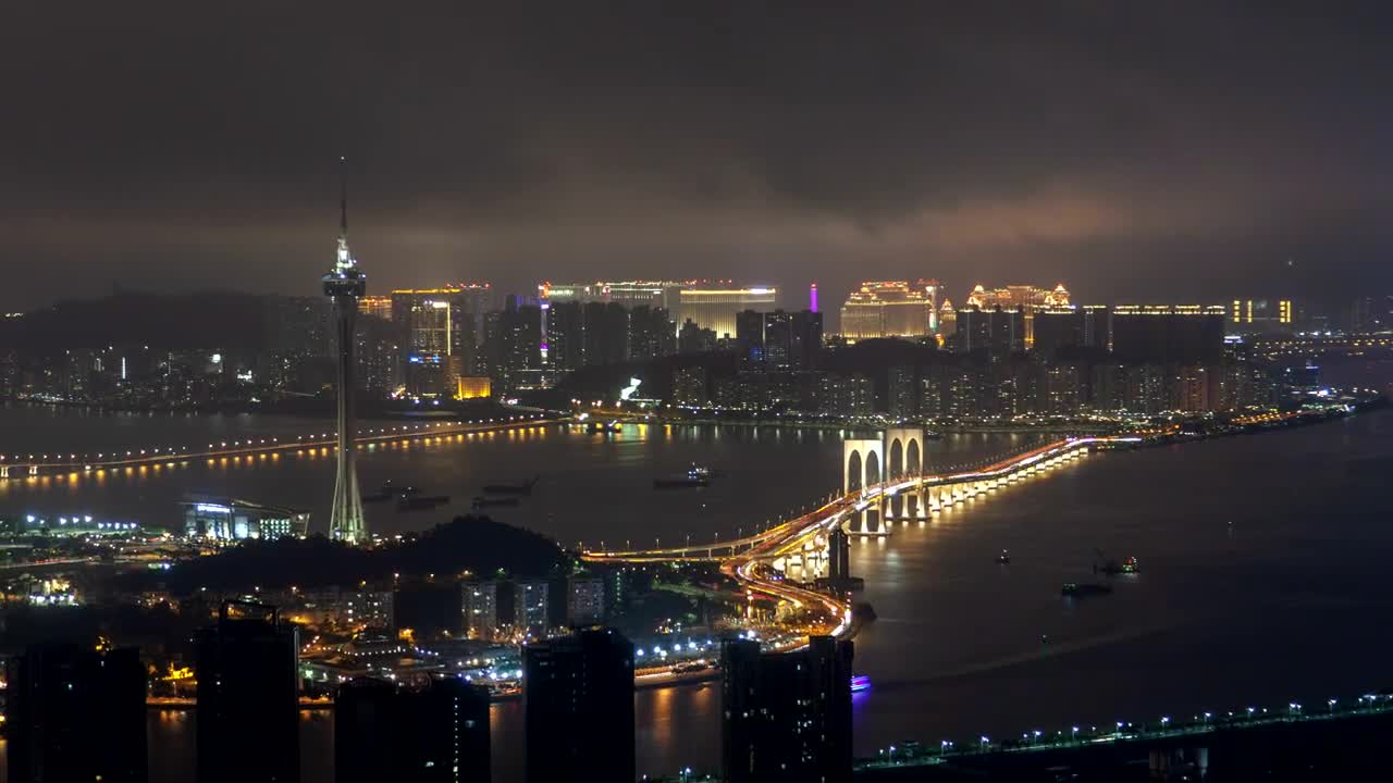 Stock Video Macau Tower And Bridge Traffic At Night Animated Wallpaper