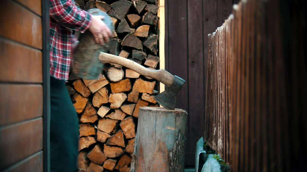 Stock Video Lumberjack Chopping A Small Log With An Ax Animated Wallpaper