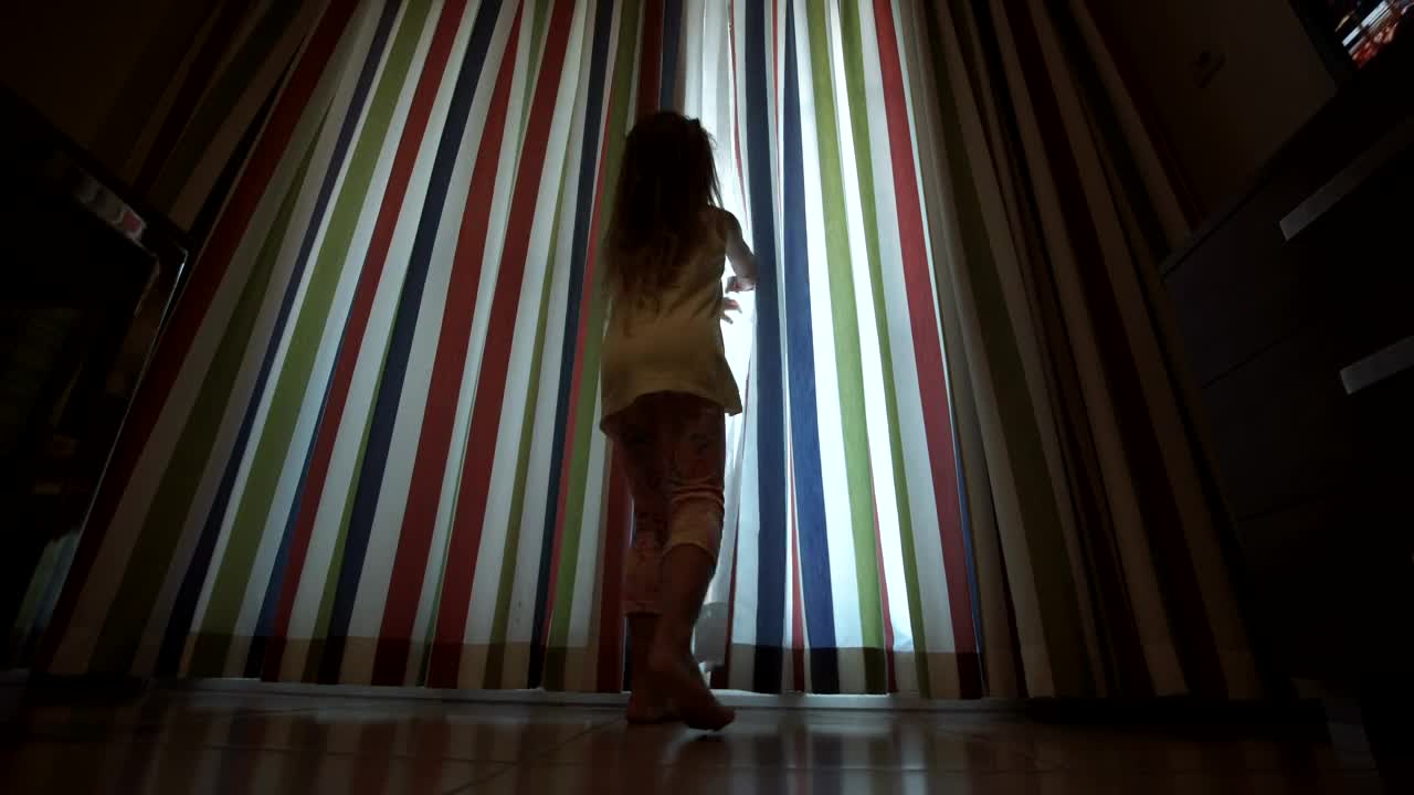 Stock Video Little Girl Opening The Curtains Animated Wallpaper