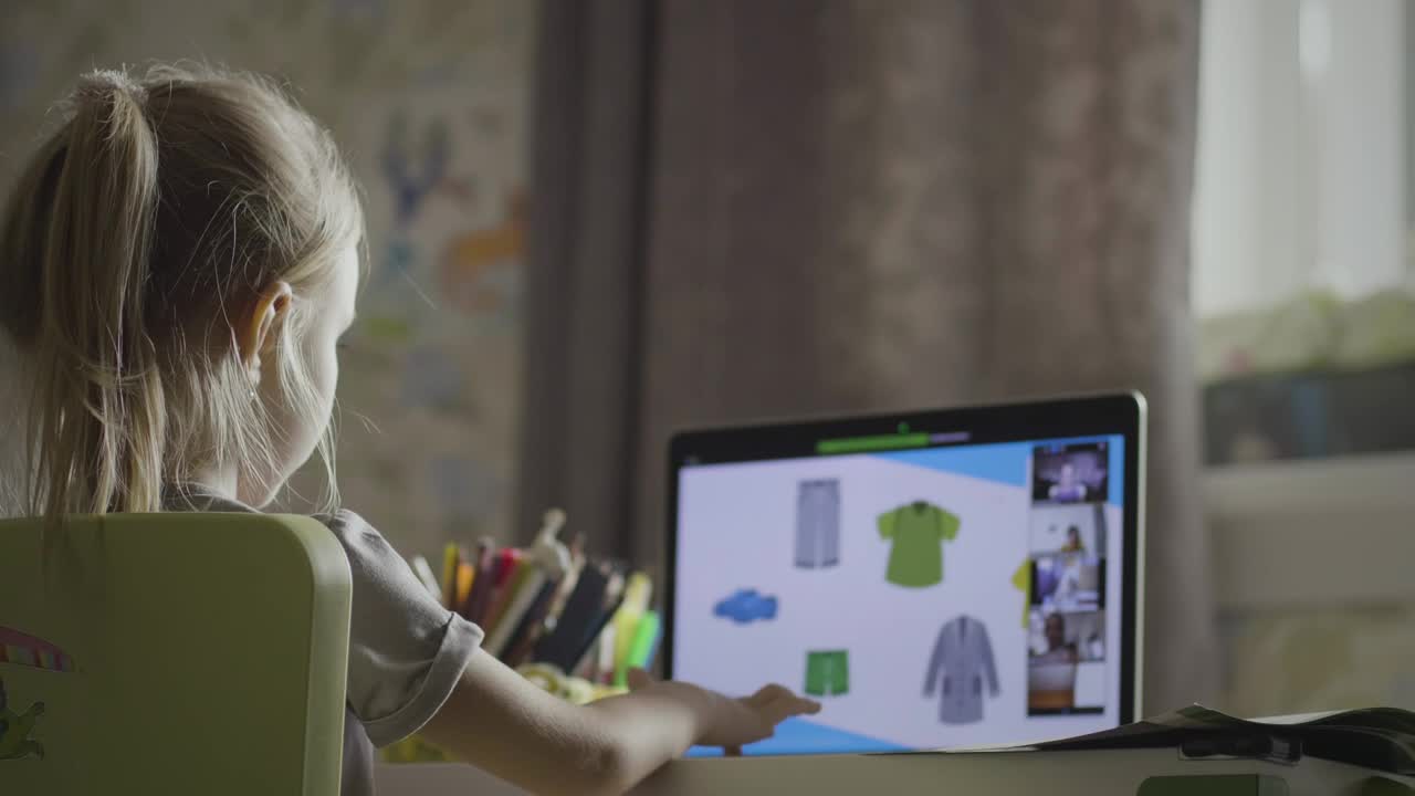 Stock Video Little Girl On An Online Class In The Morning Animated Wallpaper