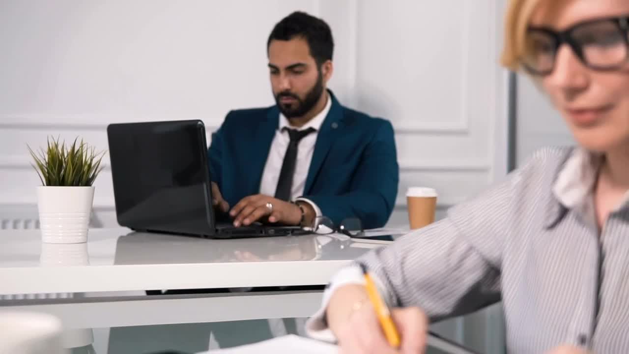 Stock Video Lawyers Working In Modern Office Look Up An Smile Animated Wallpaper