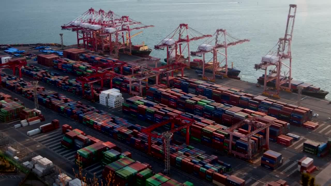 Stock Video Large Container Area On A Cargo Ship Shoreline Aerial View Animated Wallpaper