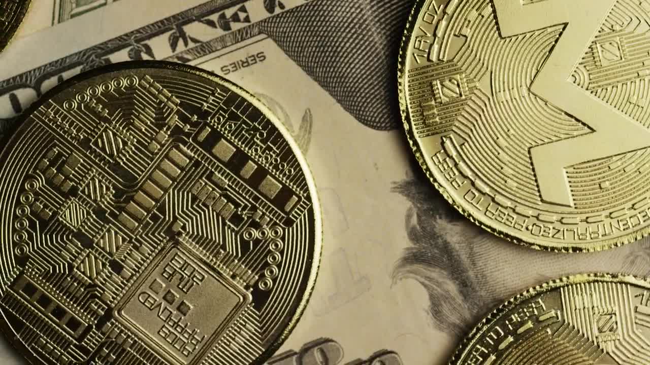 Stock Video Monero Cryptocurrency Coins Over Dollar Animated Wallpaper