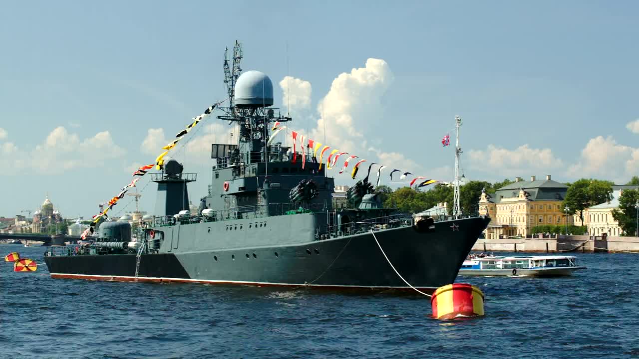 Stock Video Military Ship On The Neva Rive Animated Wallpaper