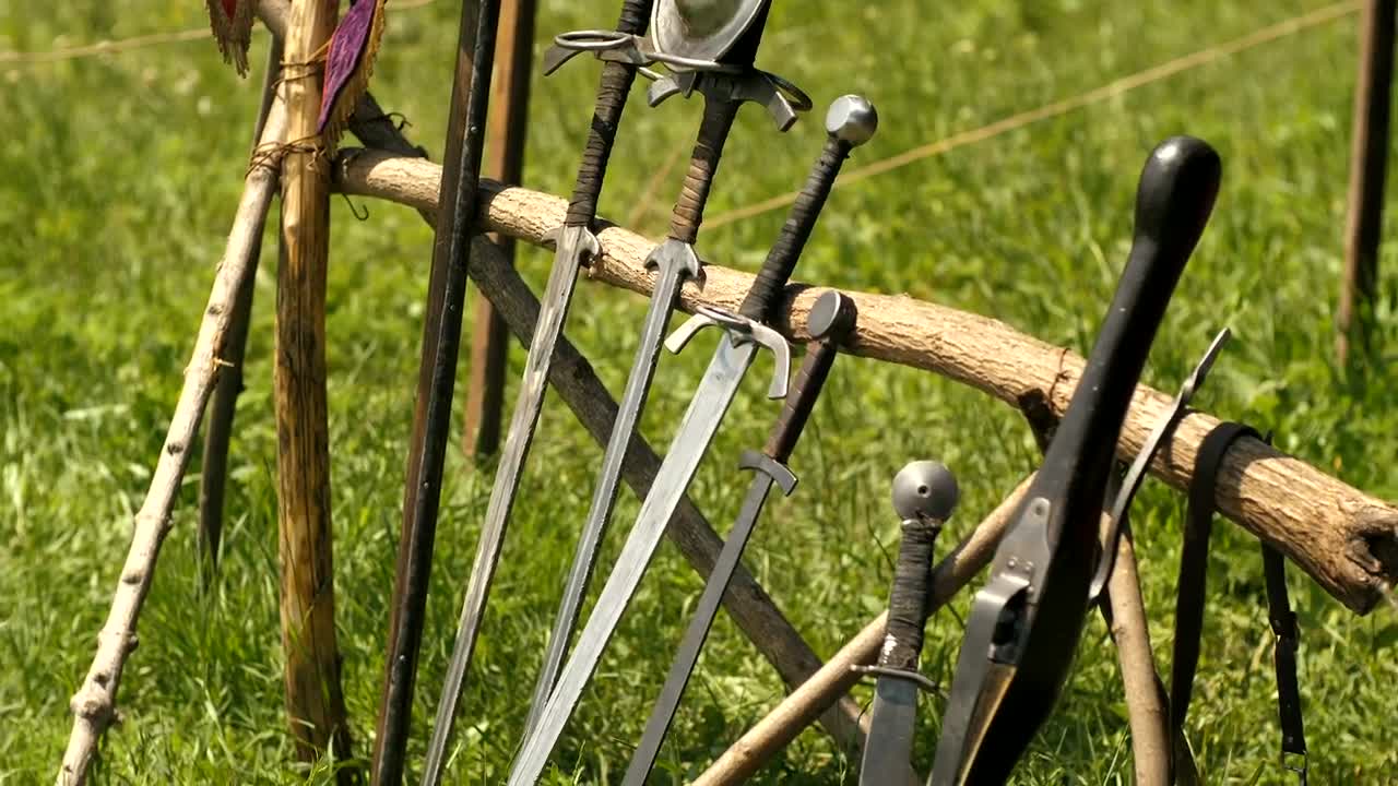 Stock Video Medieval Swords In The Gras Animated Wallpaper