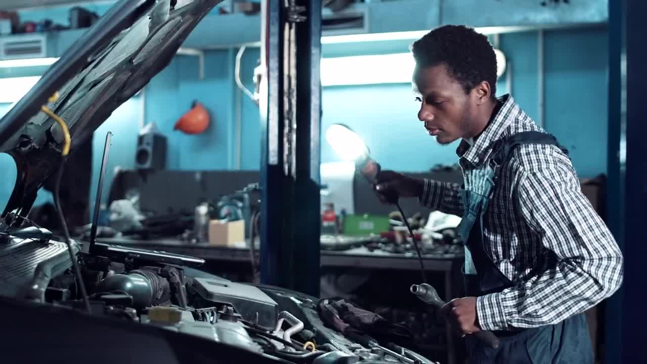 Stock Video Mechanic Inspecting Motor With A Ligh Animated Wallpaper