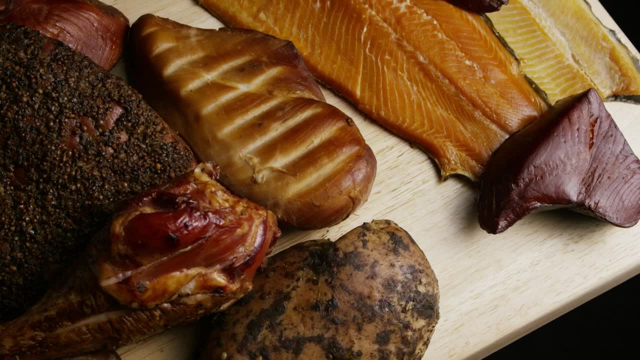 Stock Video Meats Of Different Animals On A Rotating Tabl Animated Wallpaper