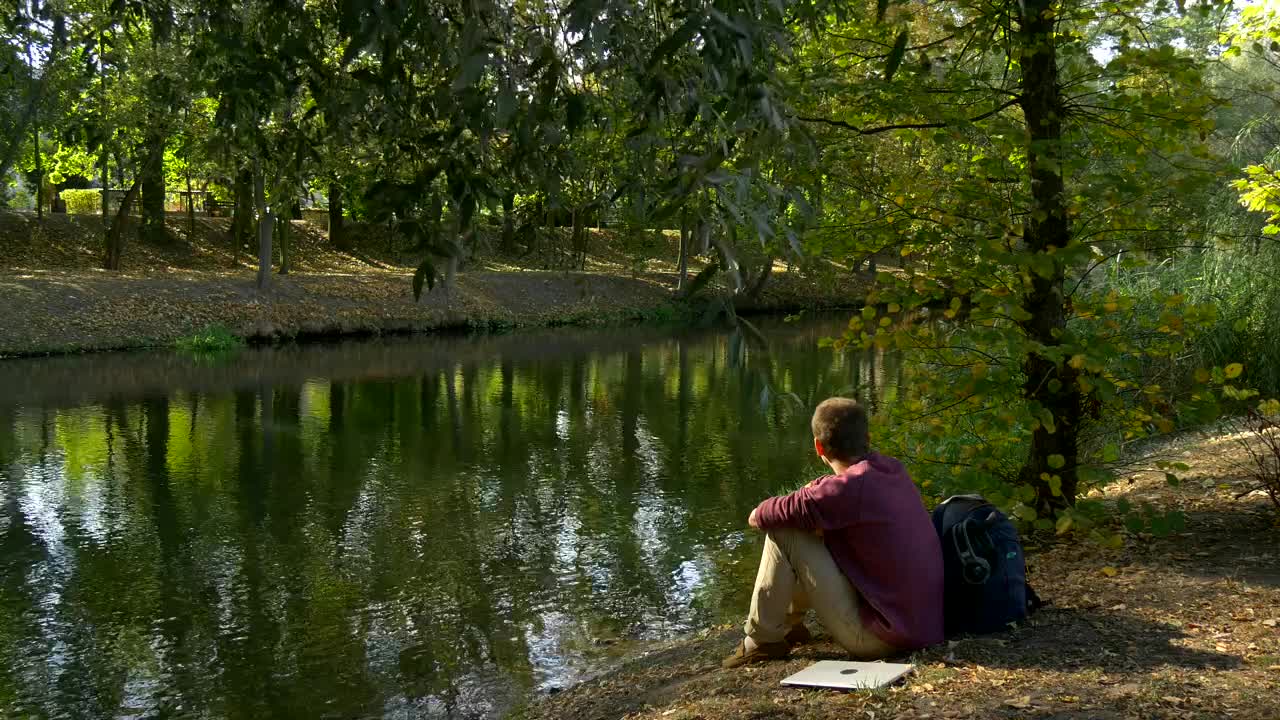 Stock Video Man Working With Laptop By The Riversid Animated Wallpaper