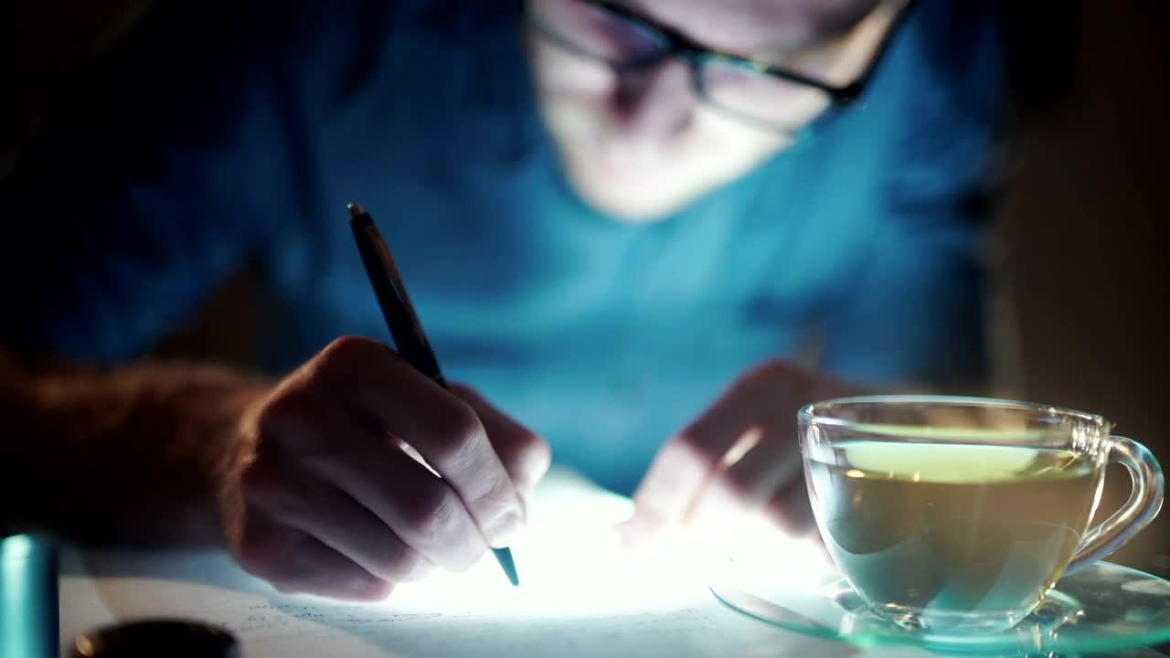 Stock Video Man With Insomnia Writes With Cup Of Te Animated Wallpaper