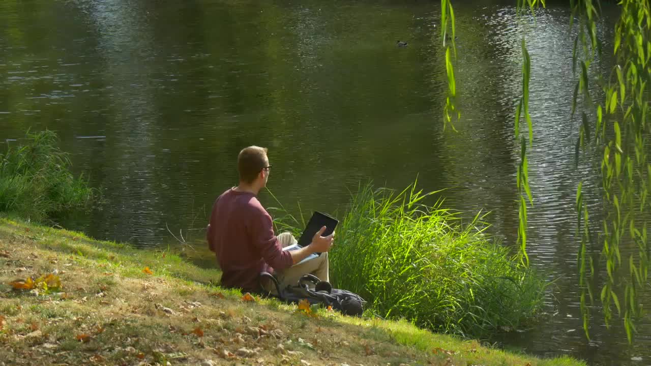 Stock Video Man With A Laptop On The Bank Of A Rive Animated Wallpaper