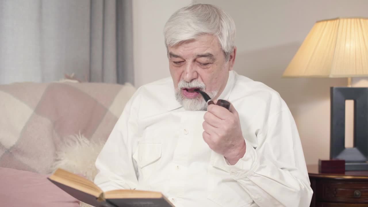 Stock Video Man Spends An Evening Smoking Pipe And Readin Animated Wallpaper