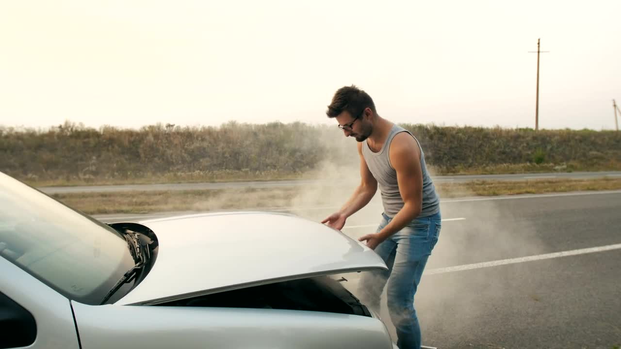 Stock Video Man Opening The Hood Of His Broken Down Ca Animated Wallpaper