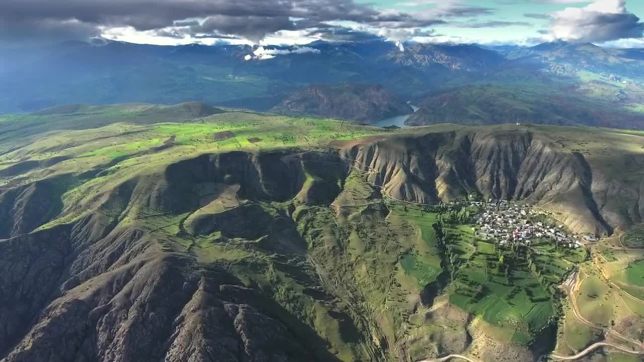 Stock Video Mountain Landscape With A Village Crop Fields And A River Live Wallpaper