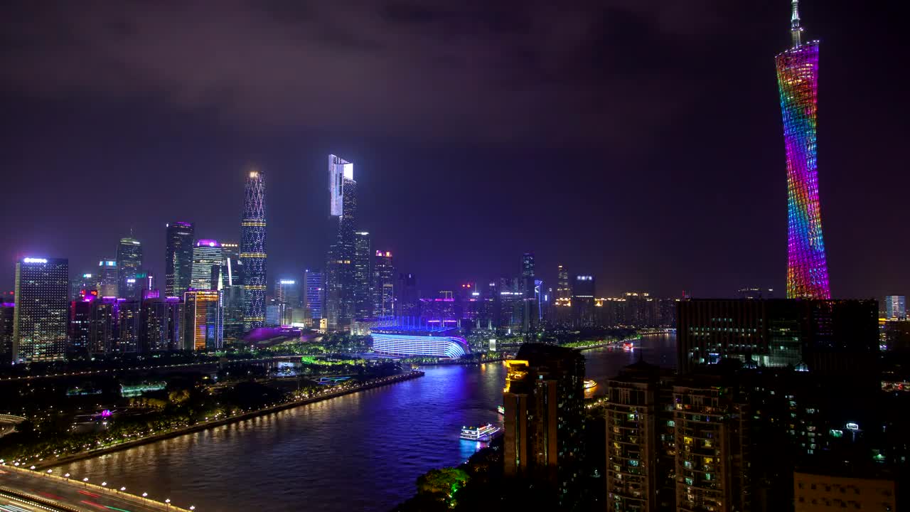 Stock Video Multicolored Canton Tower In The Night Skyline Live Wallpaper