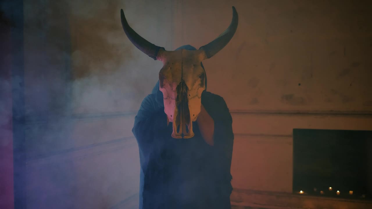 Stock Video Mysterious Person In Robe Holding A Bulls Skull Live Wallpaper