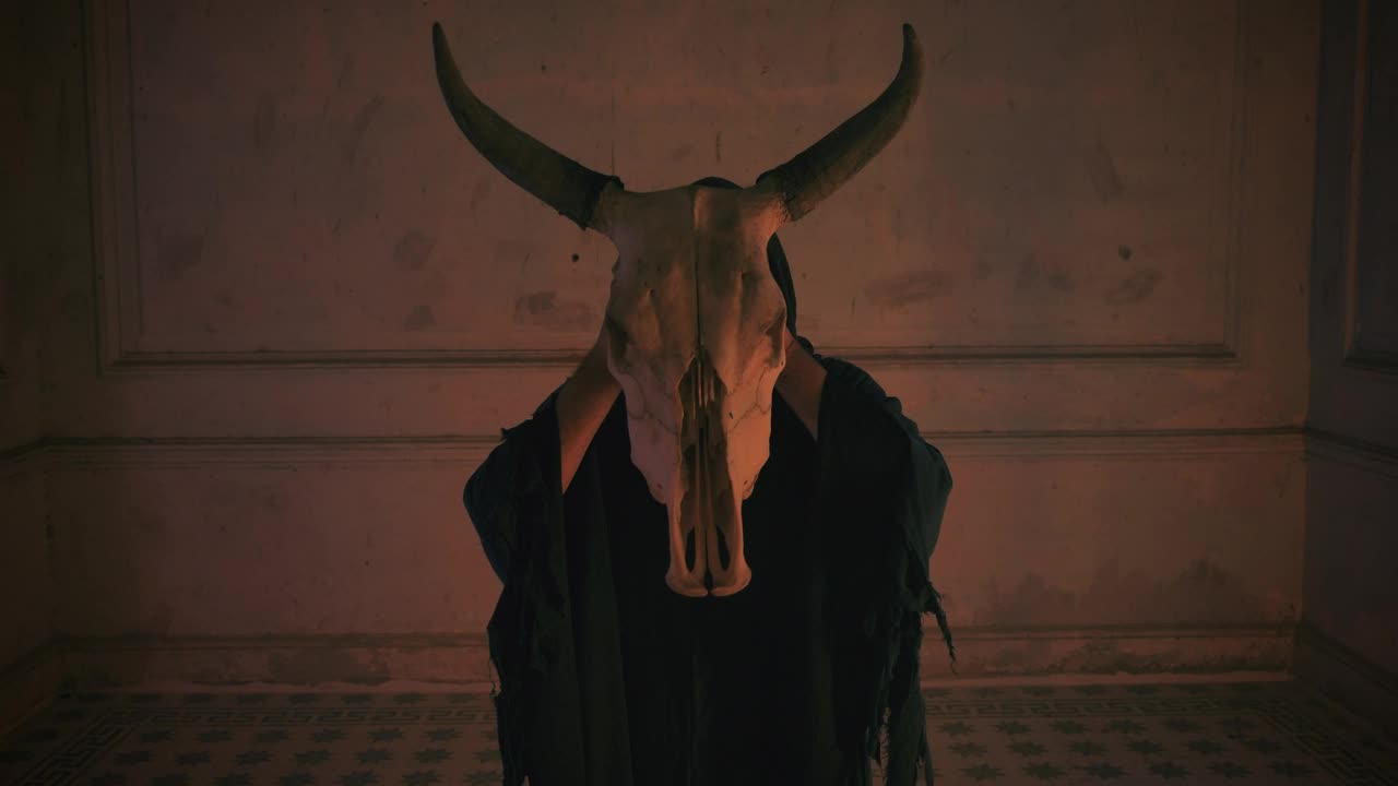 Stock Video Mysterious Person In Black Robe Holding The Skull Of A Live Wallpaper