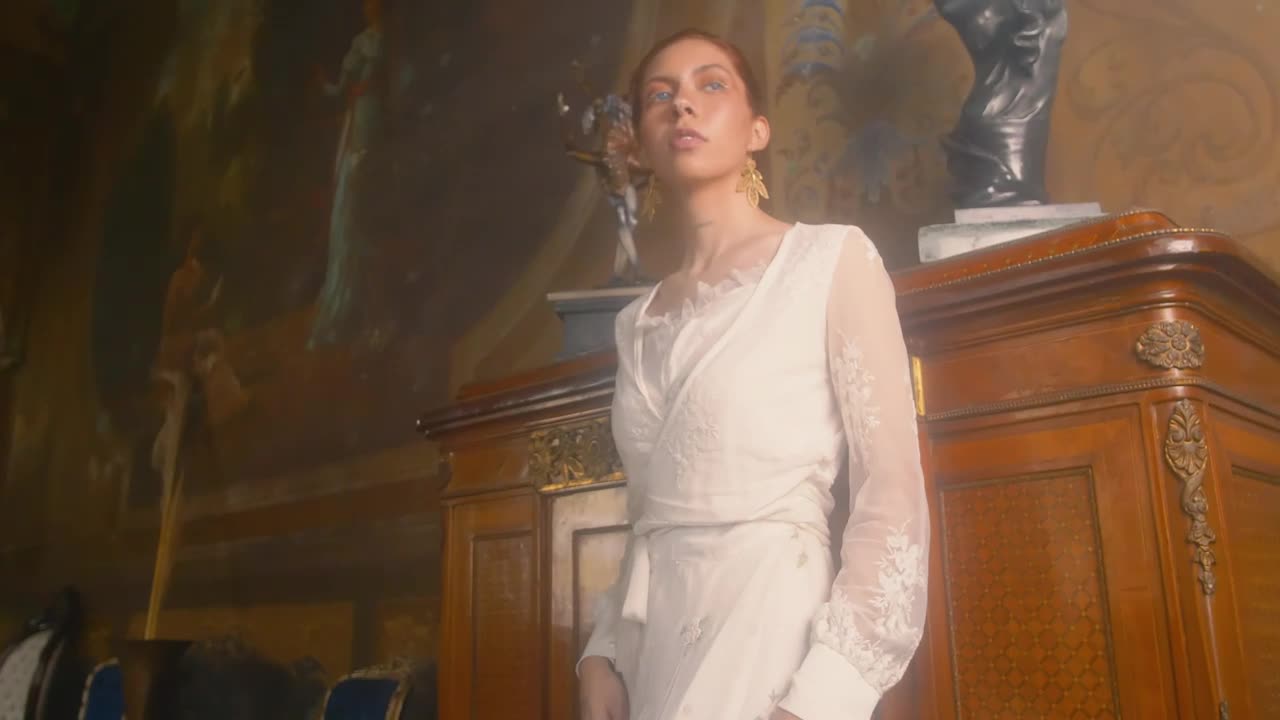 Stock Video Neck Tattooed Woman Modeling Besides Vintage Furniture Live Wallpaper