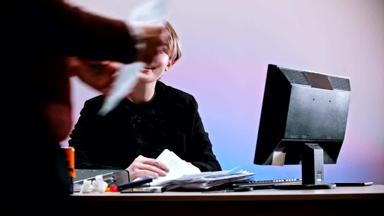 Stock Video Office Worker Sarcastically Shows A Sadness Sign Live Wallpaper