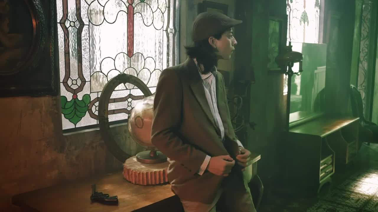 Stock Video Old Fashion Male Model Posing In An Old Place Live Wallpaper