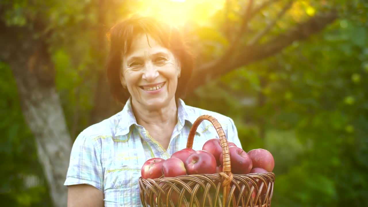 Stock Video Old Rancher Woman Holding A Basket With Apples Live Wallpaper