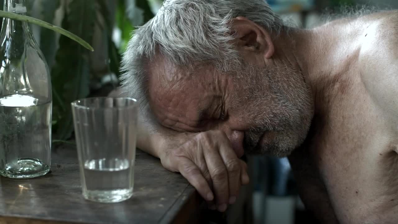 Stock Video Old Shirtless Drunk Man Sleeping On A Table Live Wallpaper