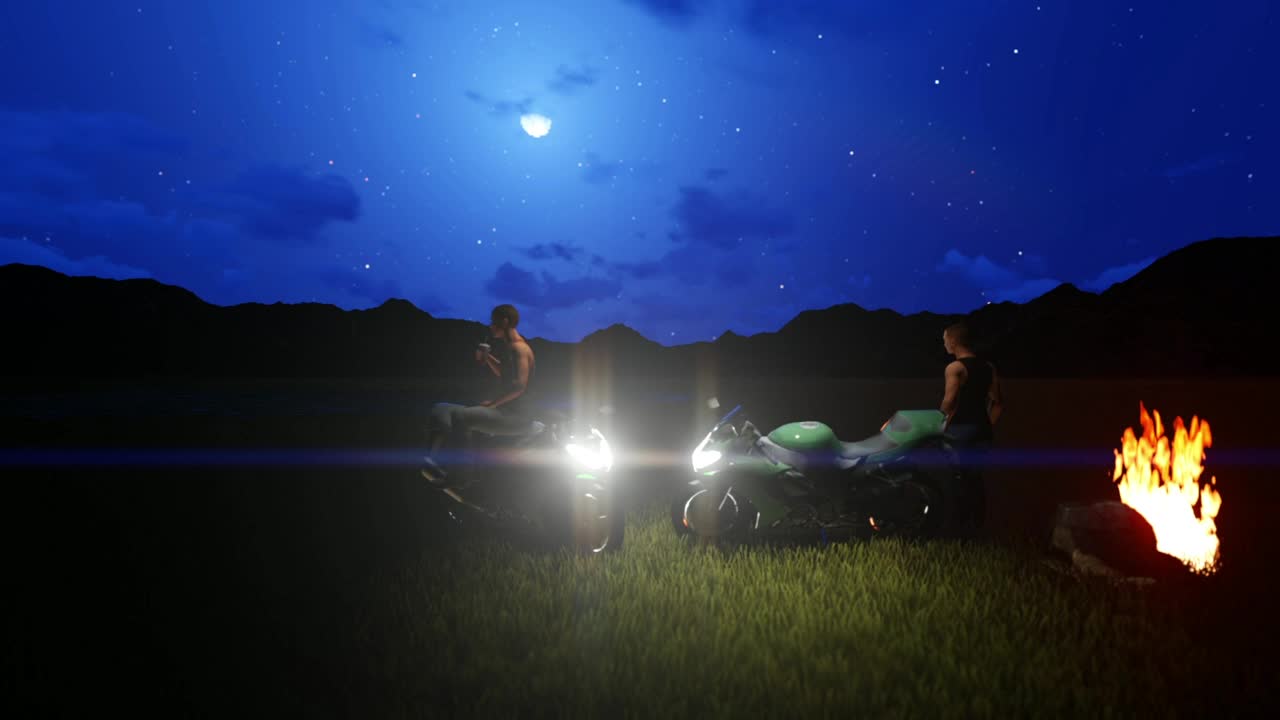 Stock Video Pair Of D Motorcyclists Resting Around A Campfire Live Wallpaper