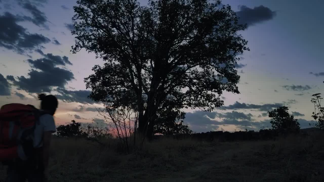 Stock Video Pair Of Mountaineers Walking Through Nature At Dusk Live Wallpaper