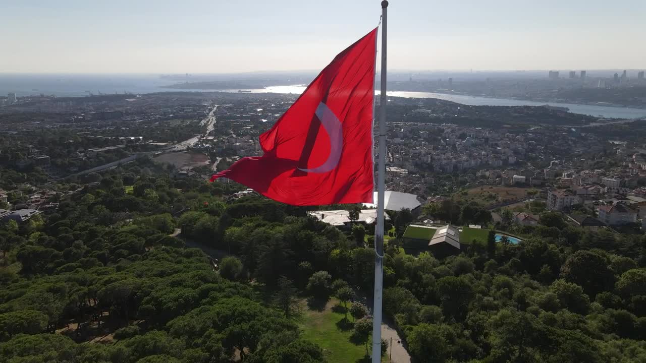 Stock Video Panorama Of The City Around A Turkish Flag On Top Live Wallpaper