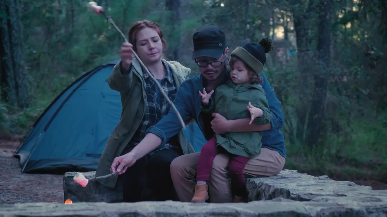 Stock Video Parents And Their Daughter Roasting Marshmallows In A Forest Live Wallpaper