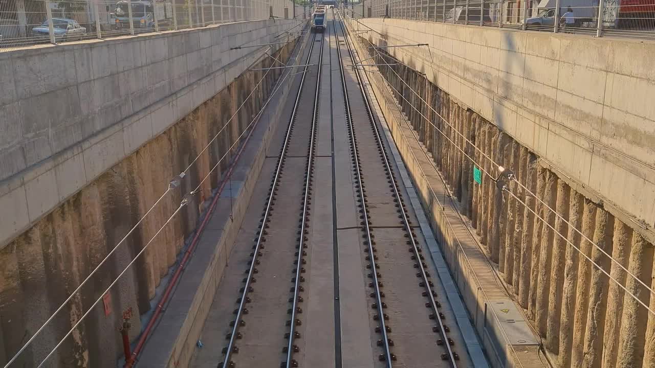 Stock Video Passenger Train Traveling On The Tracks Crossing The City Live Wallpaper