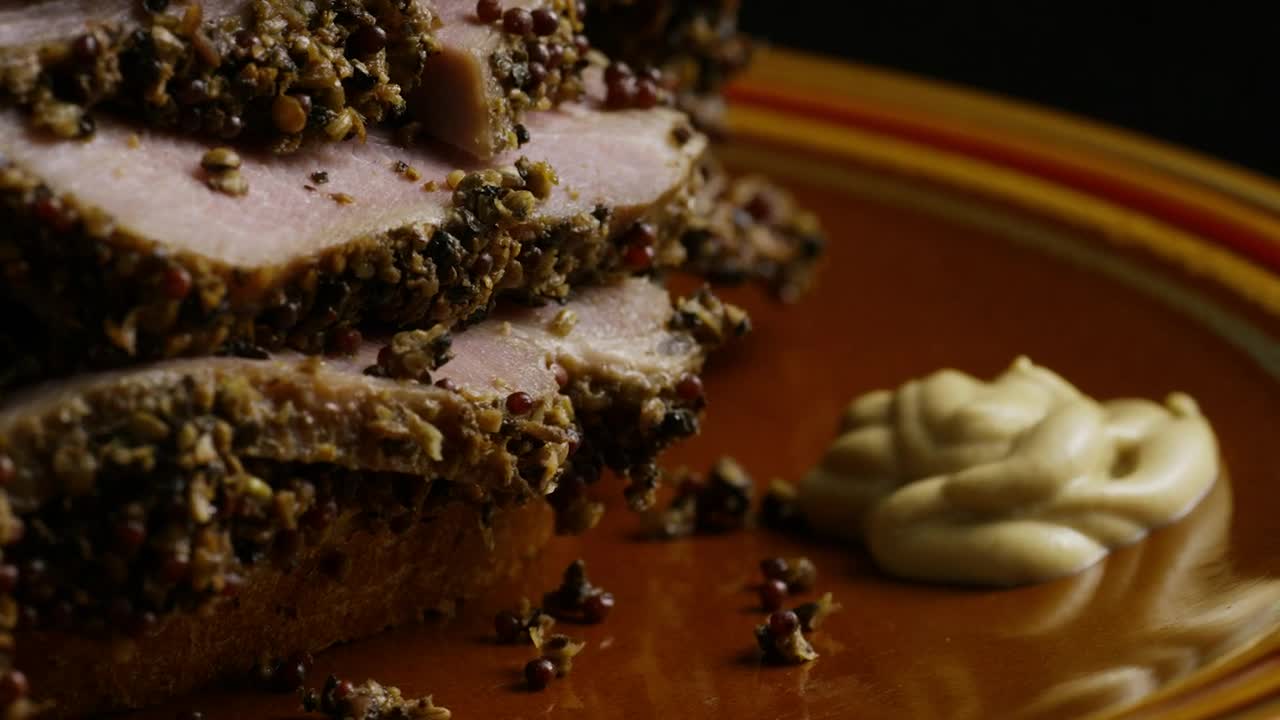 Stock Video Pastrami With Mustard On A Dish Live Wallpaper