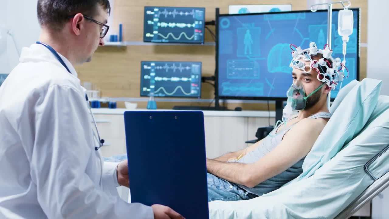 Stock Video Patient Undergoing Brain Scan Chats With Doctor Live Wallpaper